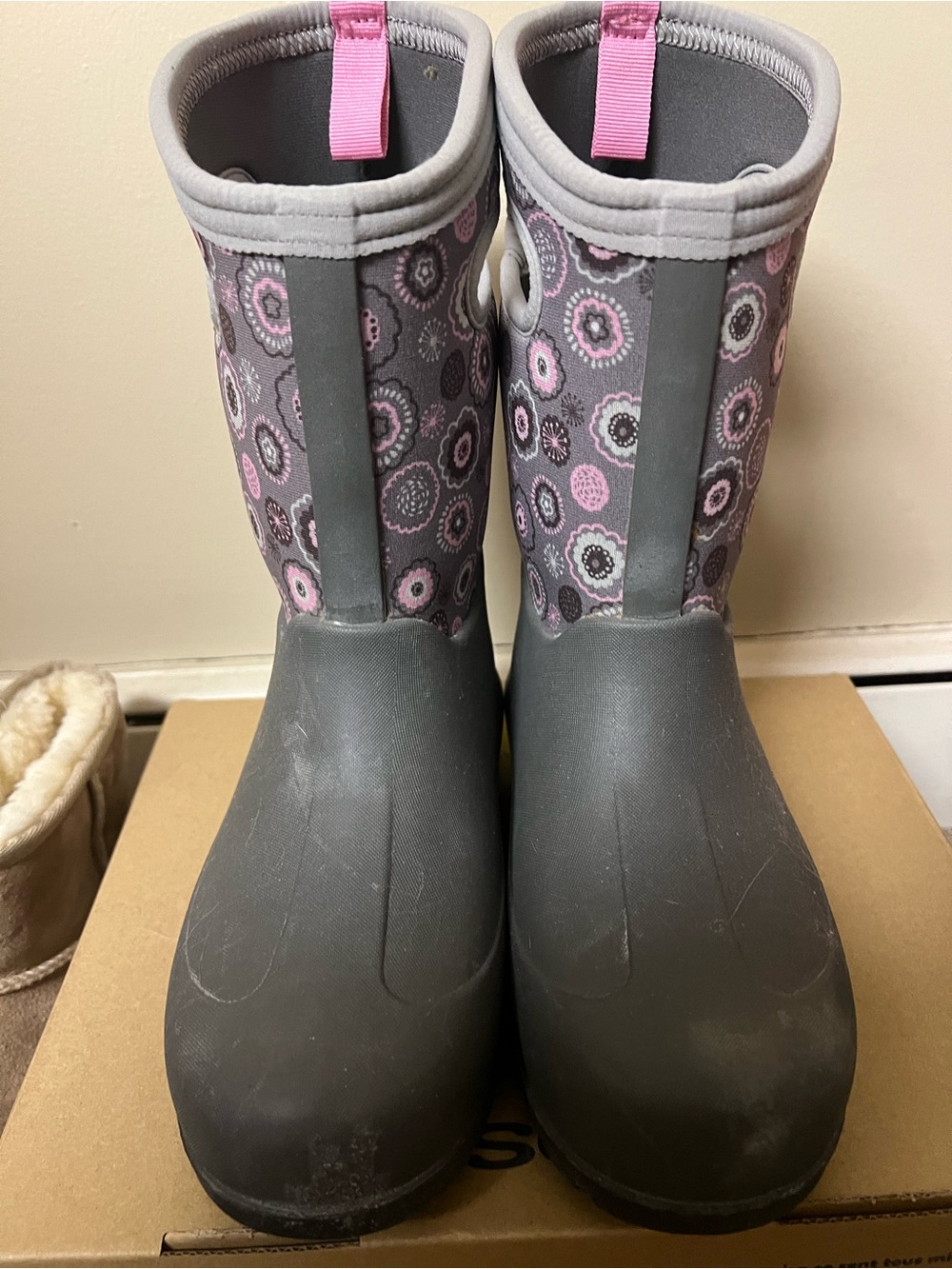 Womens Waterproof Gray and Pink Patterned Rain Boots